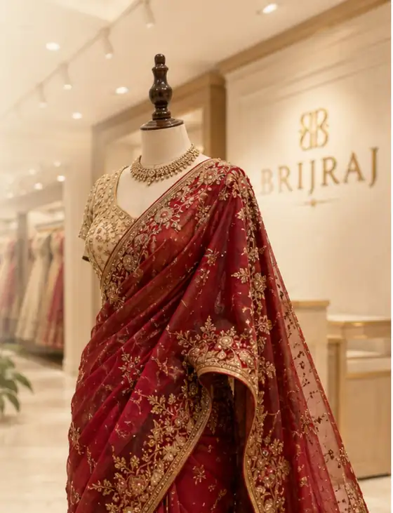 A red bridal saree with gold zari work on a mannequin in a Brijraj store